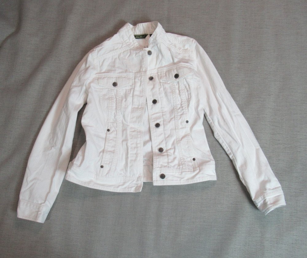Eddie Bauer Denim Jacket Womens Small White Jean Button Up Summer Preppy Modern